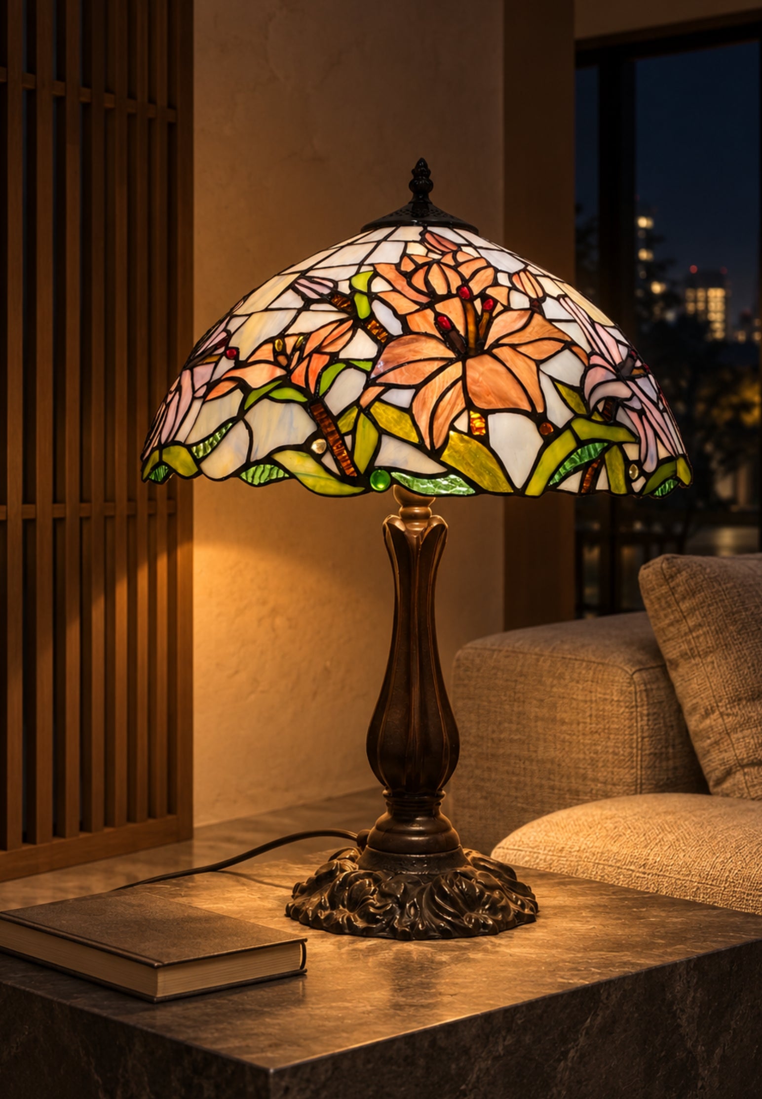 Large 16" Oriental Lily Style Stained Glass Leadlight Tiffany  Table Lamp