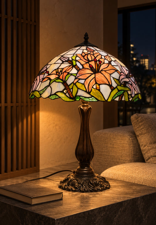 Large 16" Oriental Lily Style Stained Glass Leadlight Tiffany  Table Lamp