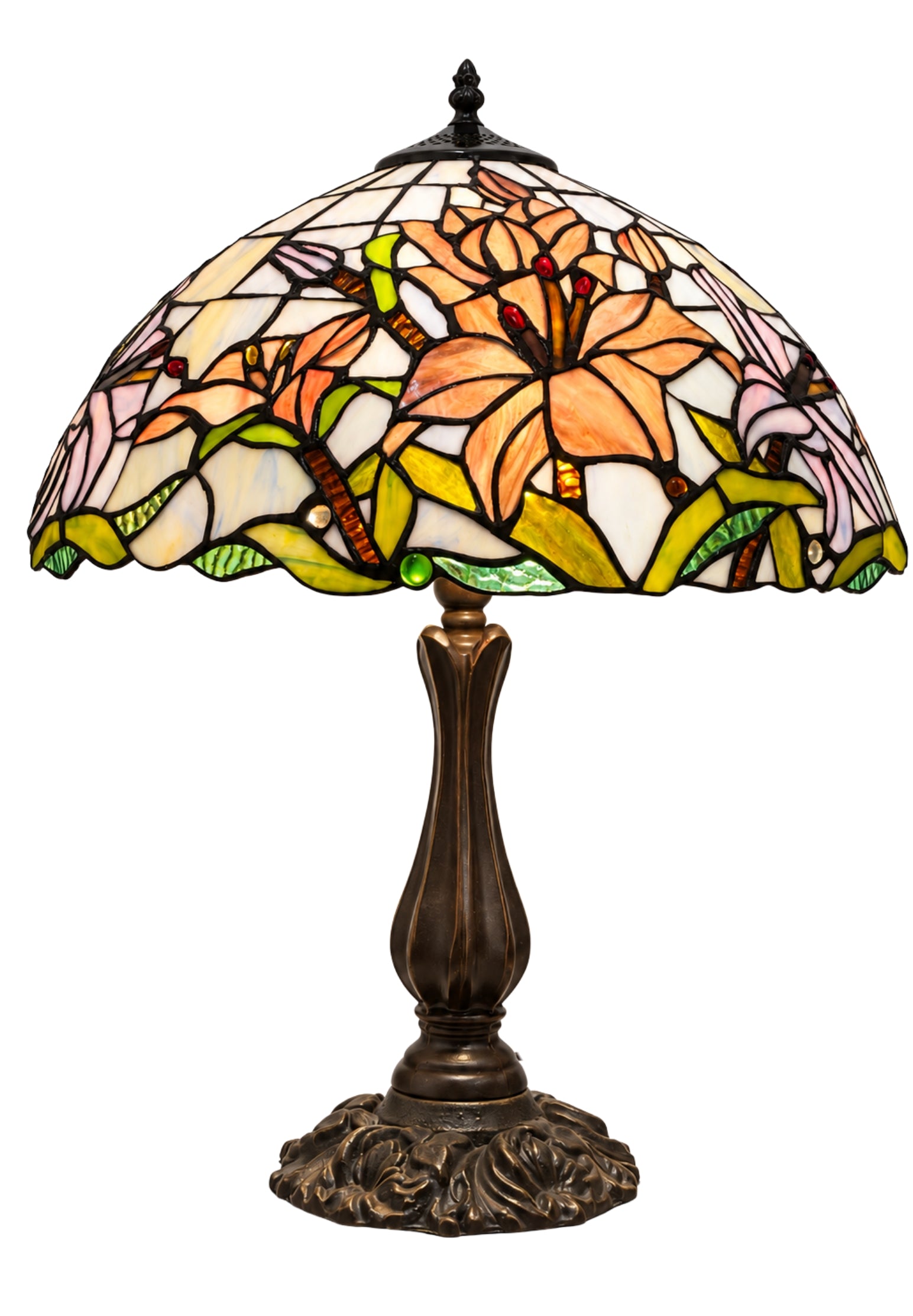Large 16" Oriental Lily Style Stained Glass Leadlight Tiffany  Table Lamp