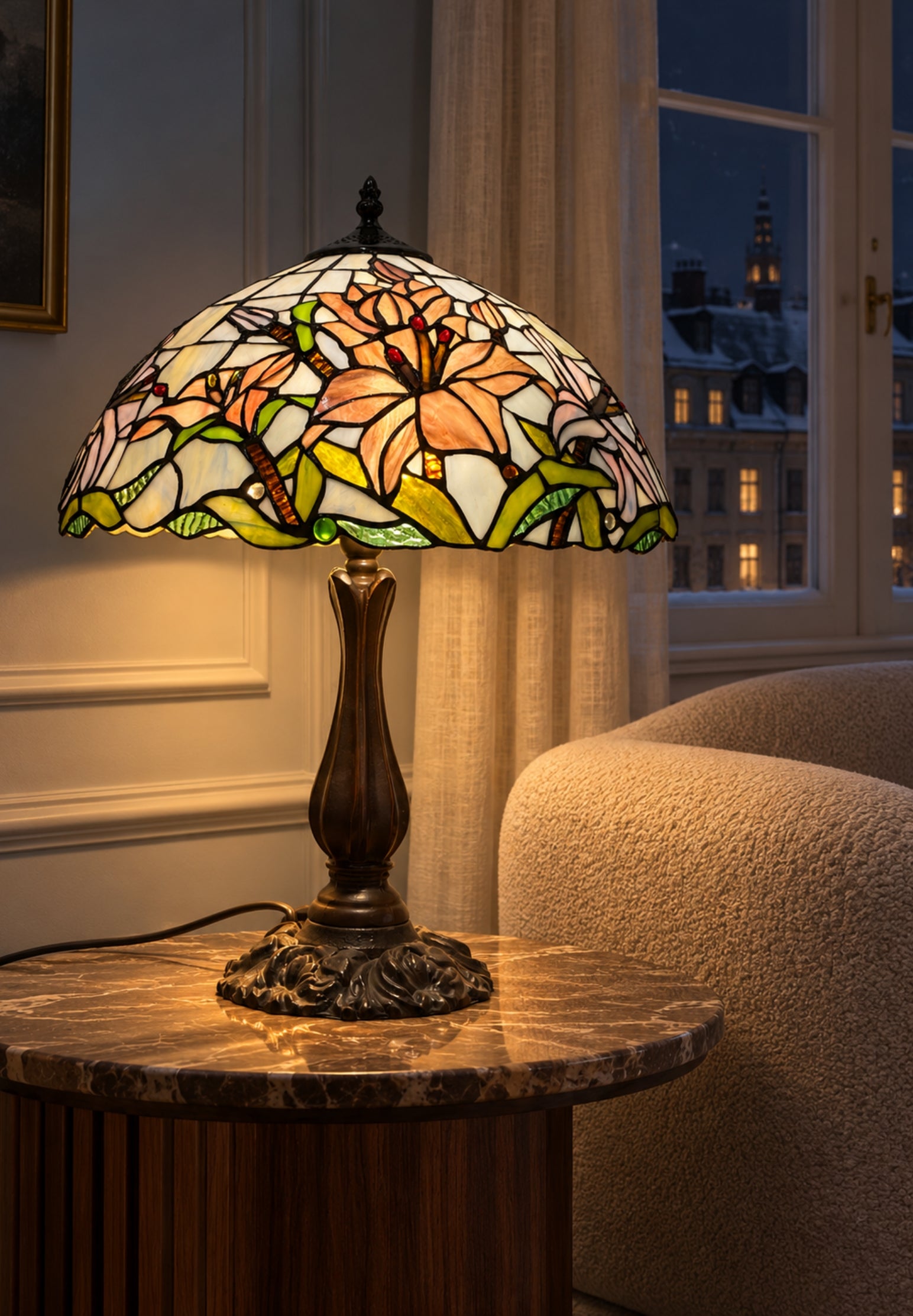 Large 16" Oriental Lily Style Stained Glass Leadlight Tiffany  Table Lamp