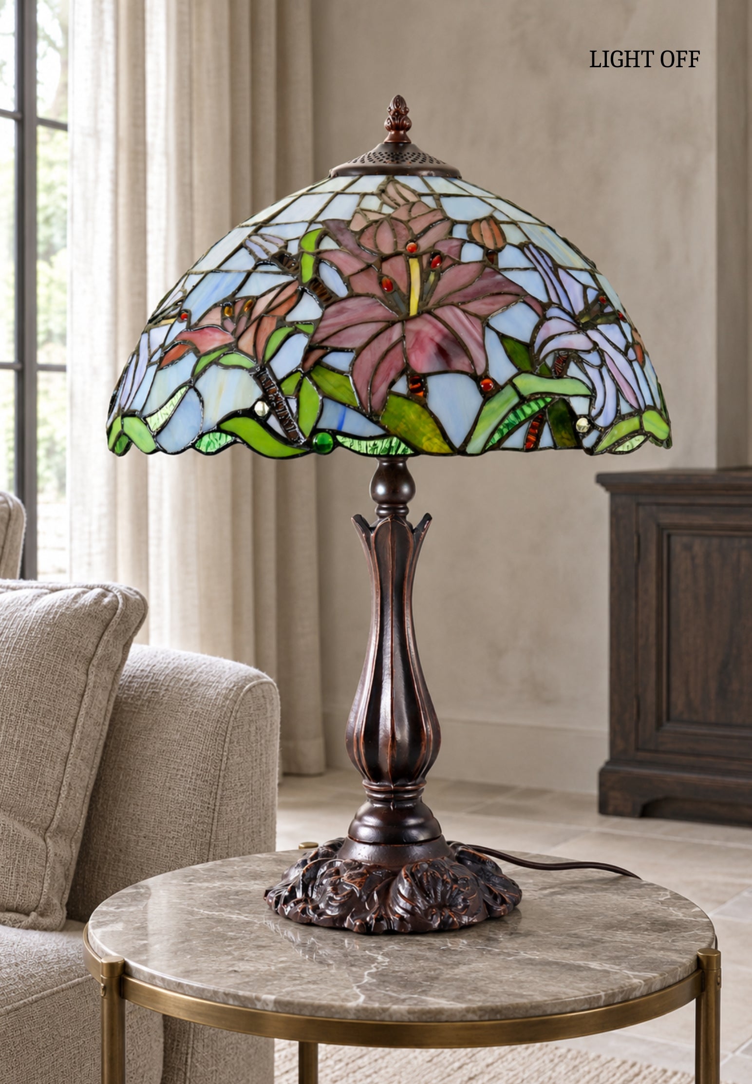 Large 16" Oriental Lily Style Stained Glass Leadlight Tiffany  Table Lamp