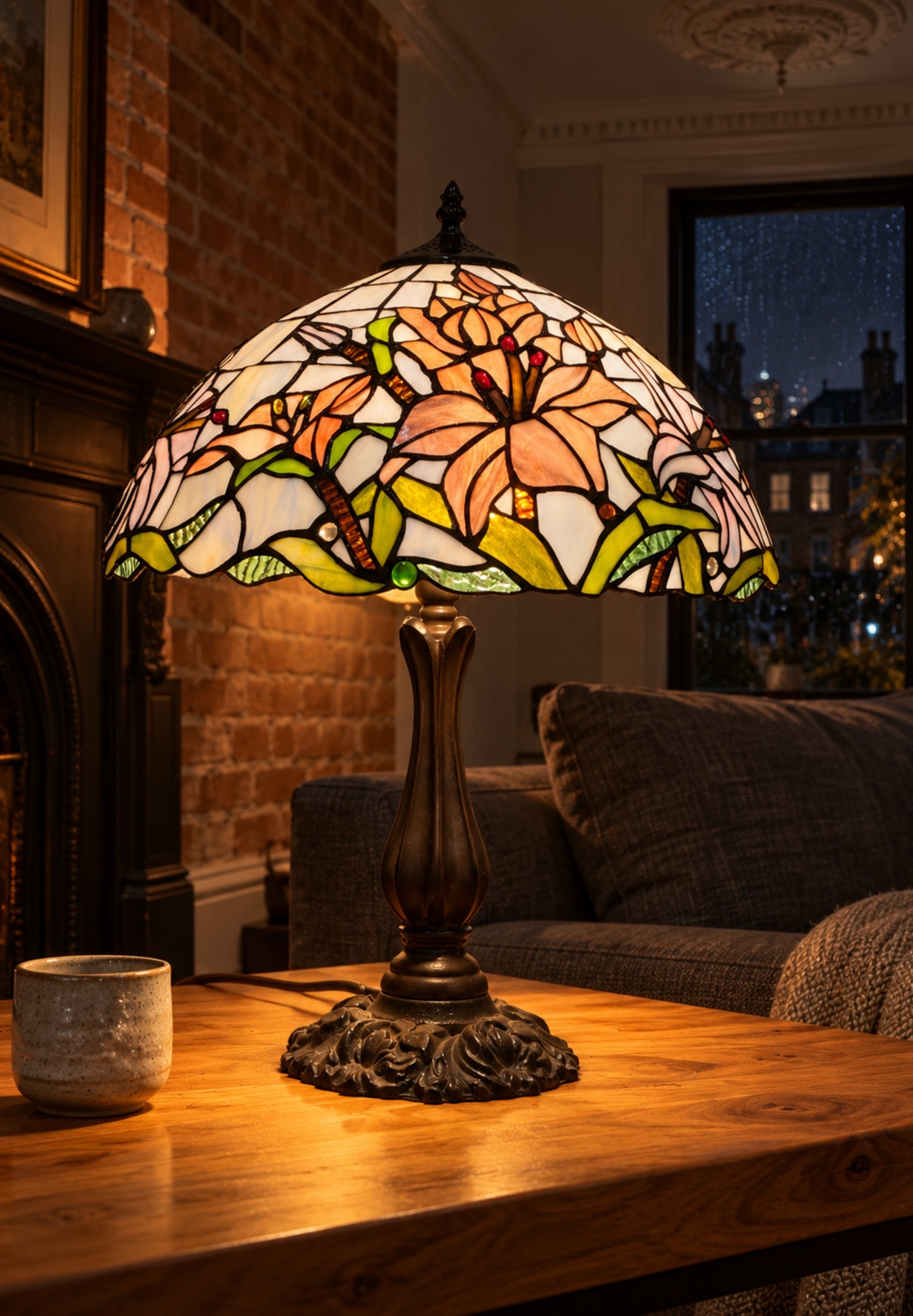 Large 16" Oriental Lily Style Stained Glass Leadlight Tiffany  Table Lamp