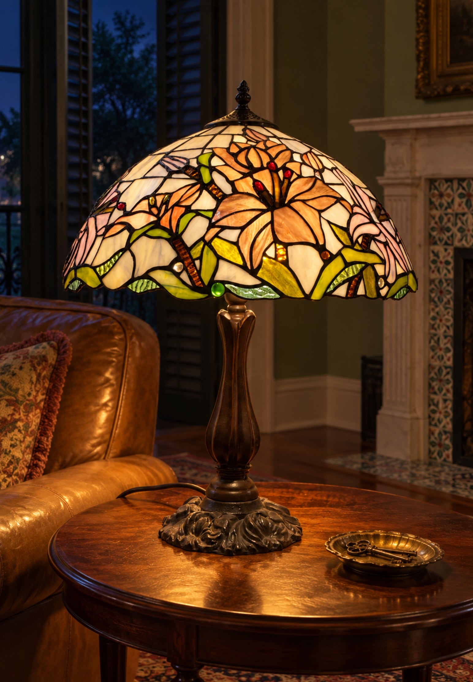 Large 16" Oriental Lily Style Stained Glass Leadlight Tiffany  Table Lamp
