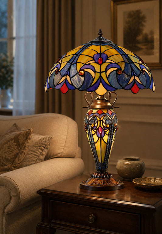 Limited Edition 16" Large Amor Blue Victorian-Style Double-Light Tiffany Table Lamp