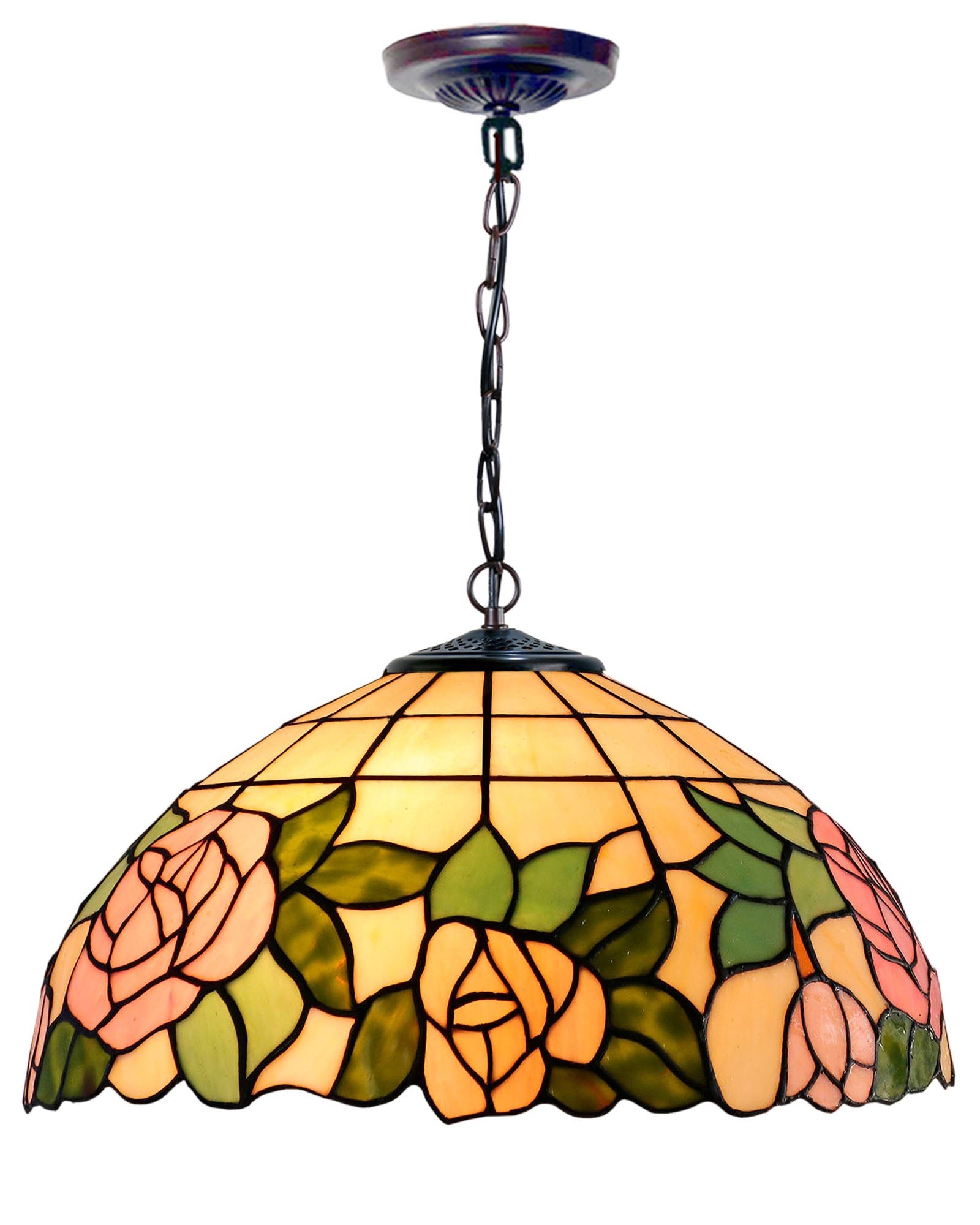 Large 16" Rose Style Tiffany Stained Glass Pendant Light