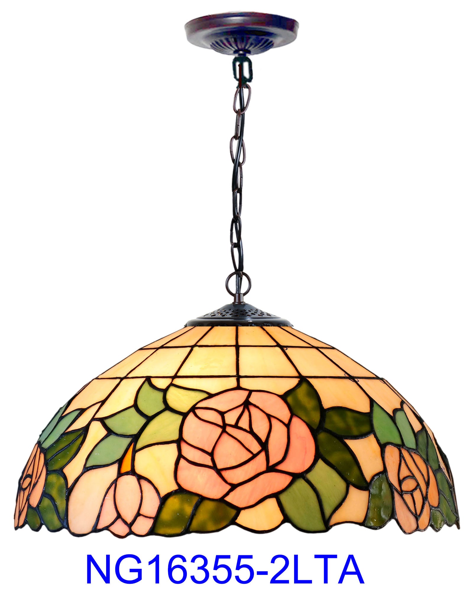 Large 16" Rose Style Tiffany Stained Glass Pendant Light