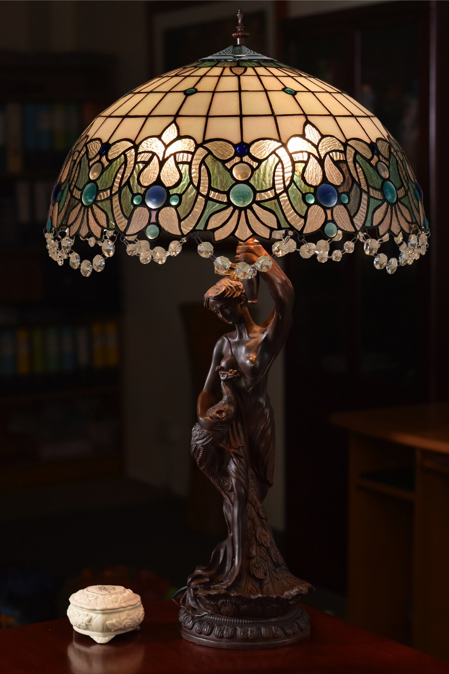 Huge 20" Ocean Blue Art Nouveau Lady Lamp – Handcrafted Stained Glass with Crystal Fringe