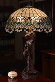 Huge 20" Ocean Blue Art Nouveau Lady Lamp – Handcrafted Stained Glass with Crystal Fringe