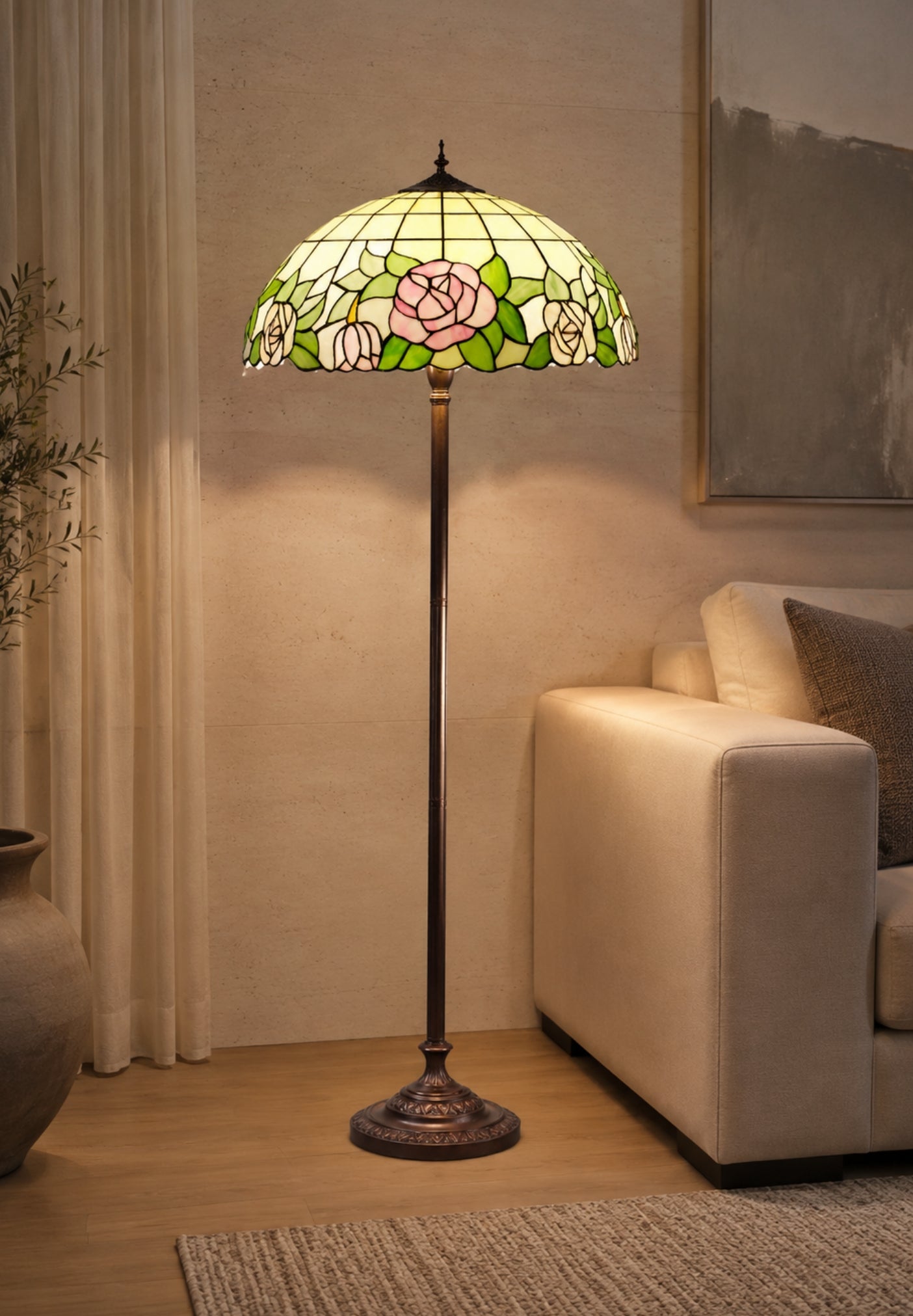Large 20" Classical Antique Rose Stained Glass Floor Lamp