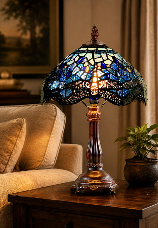 10" Traditional Blue Dragonfly Tiffany Bedside Lamp