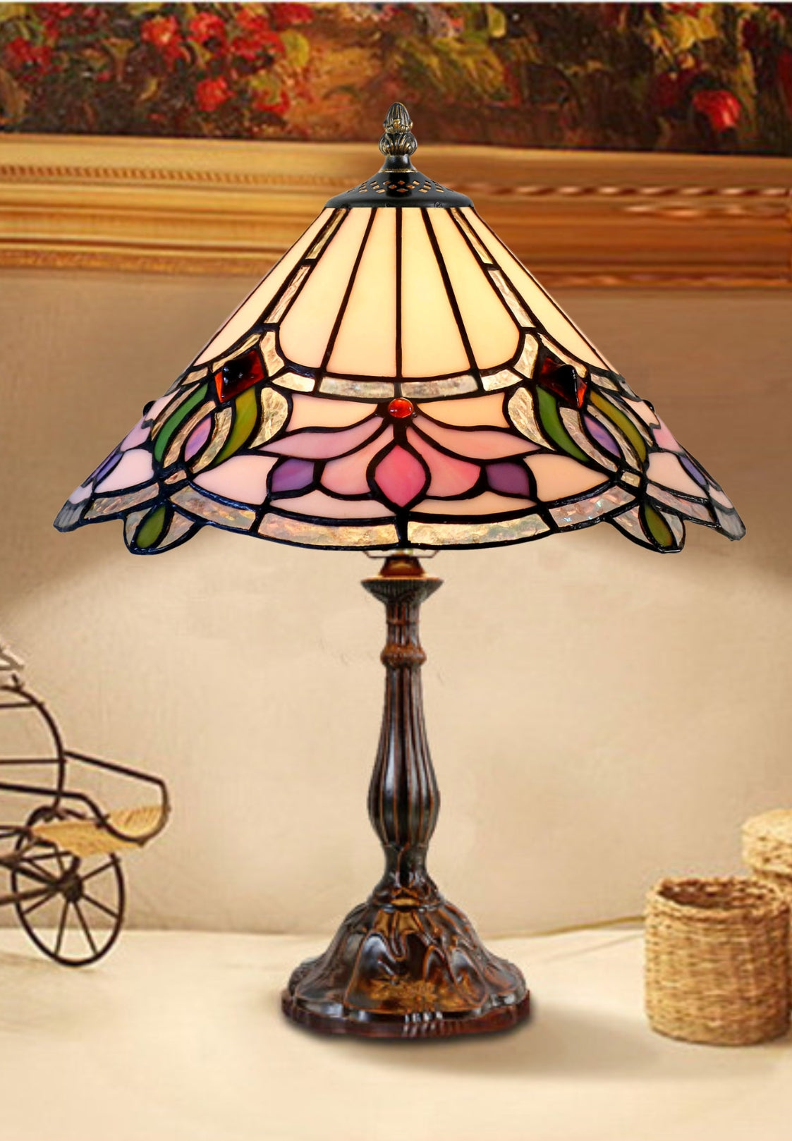 12" Art Nouveau Floral Stained Glass Tiffany Bedside Lamp