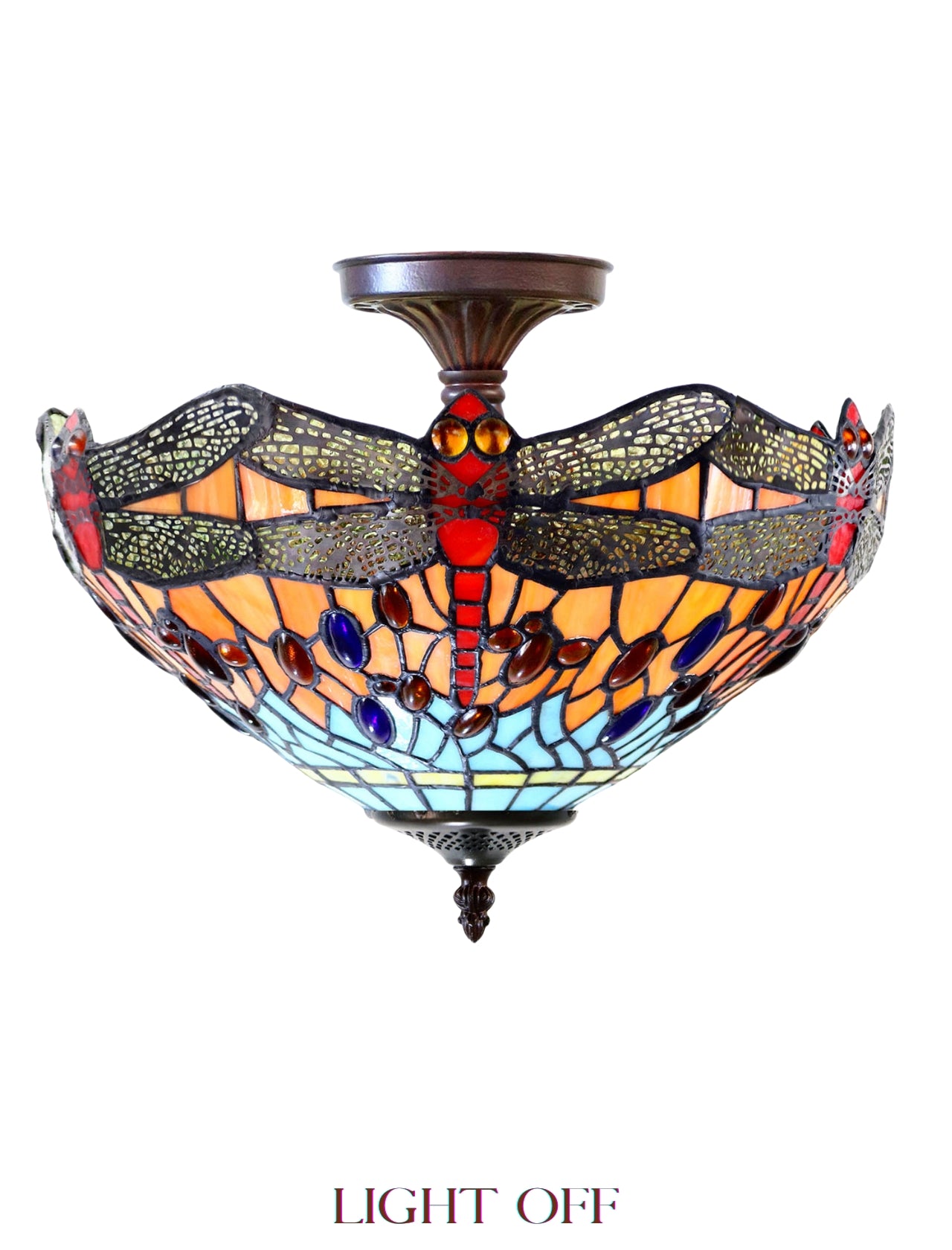 14" Red Dragonfly style Tiffany  Uplighter Ceiling Light *Perfect for low ceilings