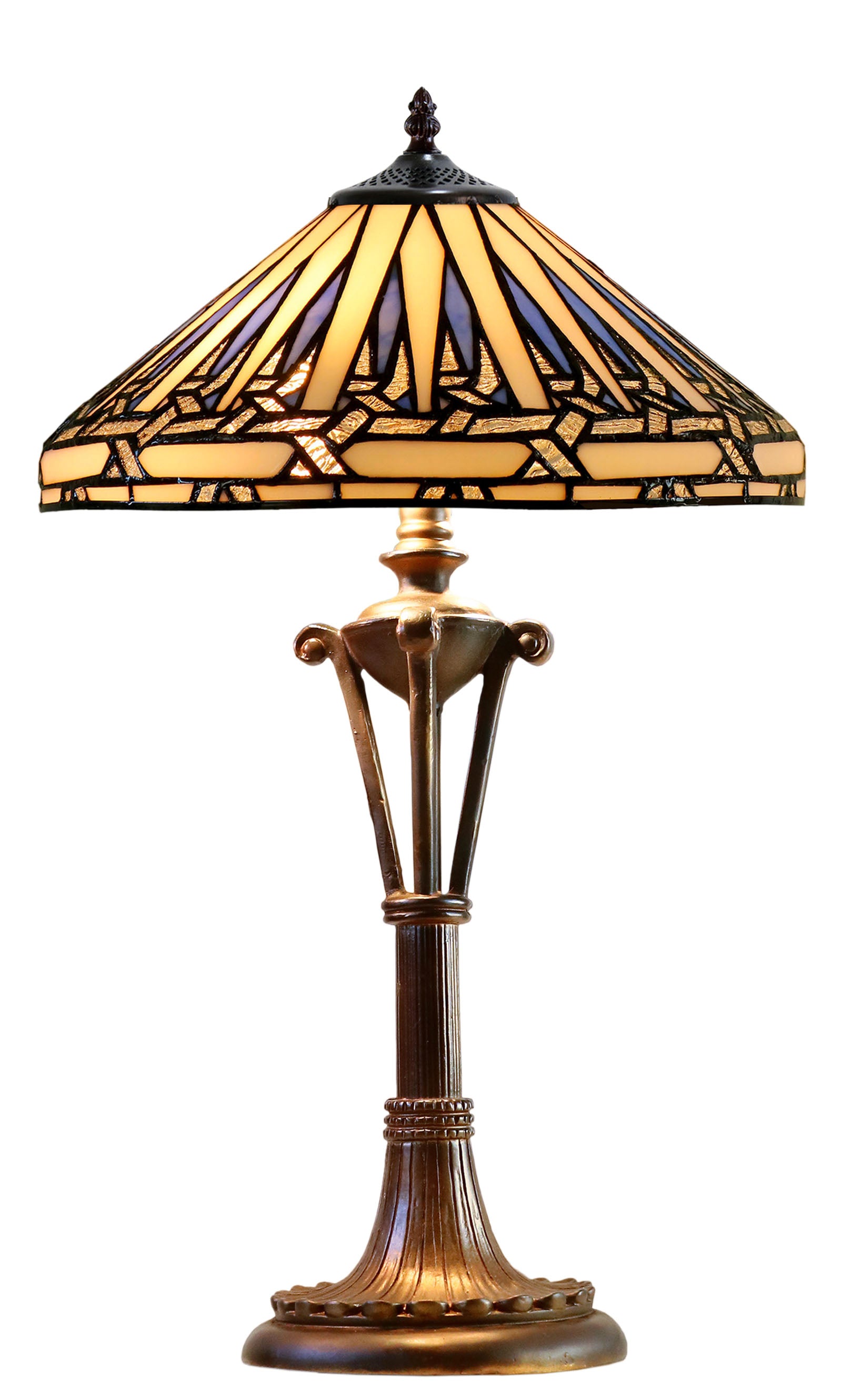 Modern Geometric Tiffany Table Lamp – White and light blue Stained Glass