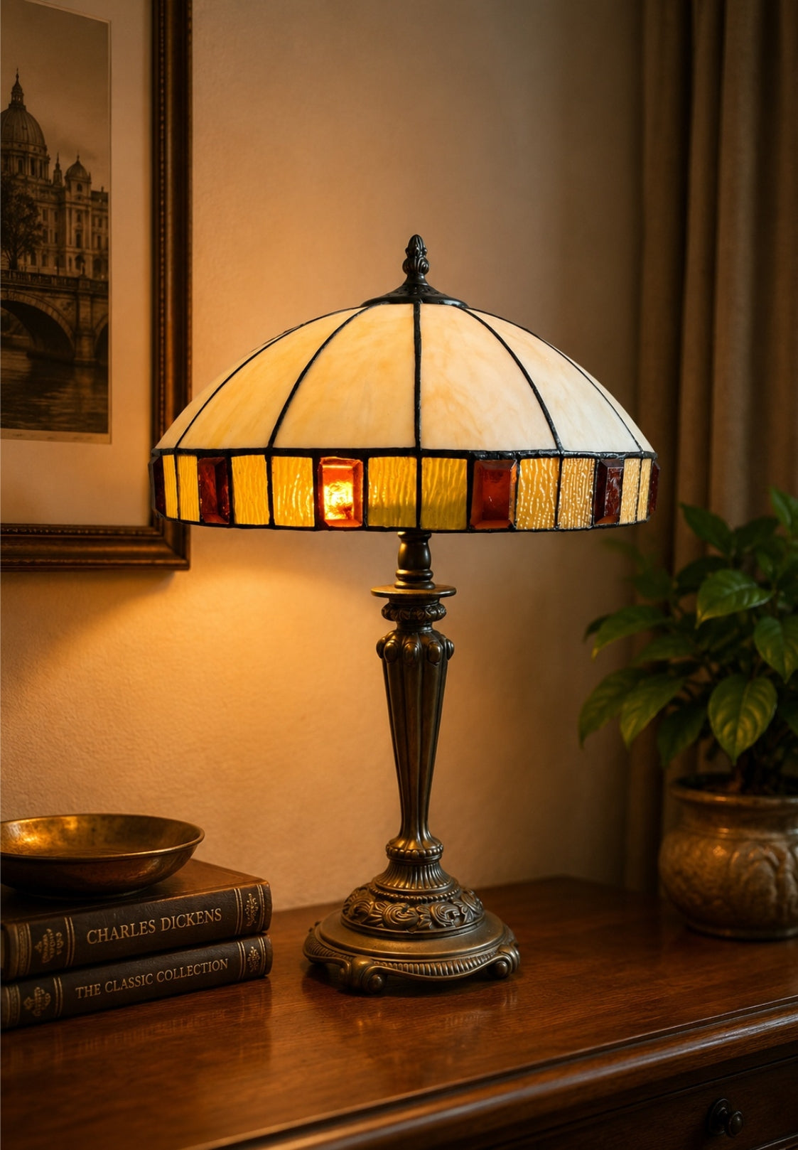 14" Vintage Dome Shade Tiffany Table Bedside Lamp