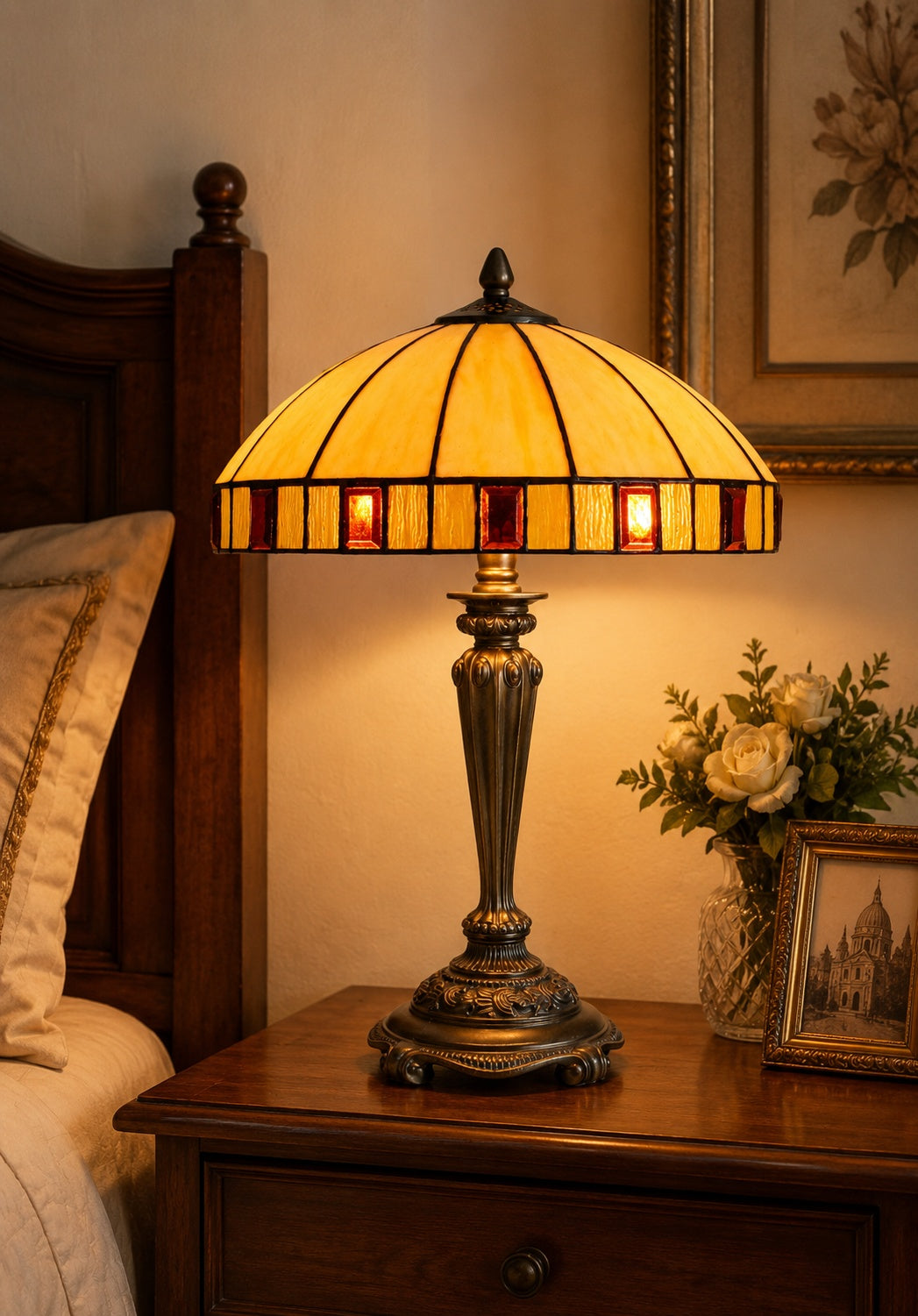 14" Vintage Dome Shade Tiffany Table Bedside Lamp