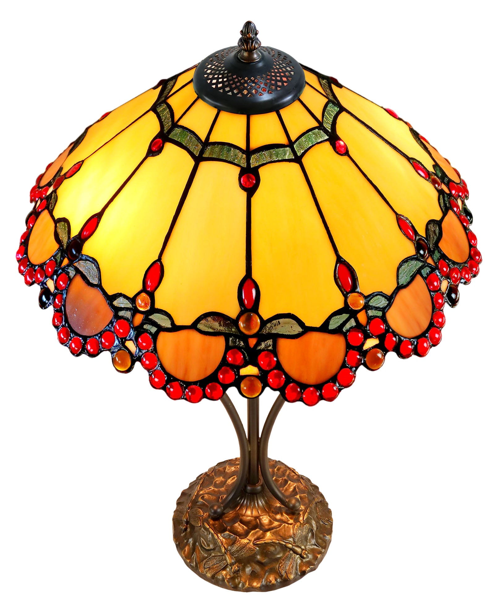 16" Handcrafted Tiffany-style stained glass Table Lamp with with red jewel accents