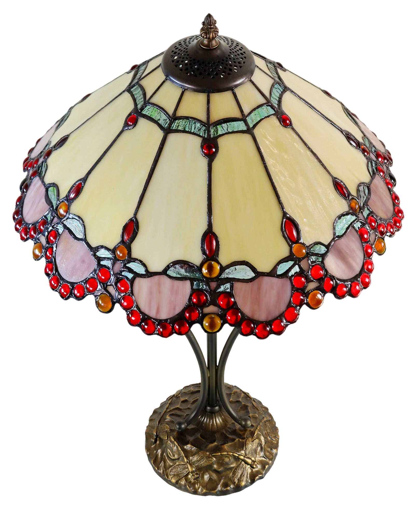 16" Handcrafted Tiffany-style stained glass Table Lamp with with red jewel accents