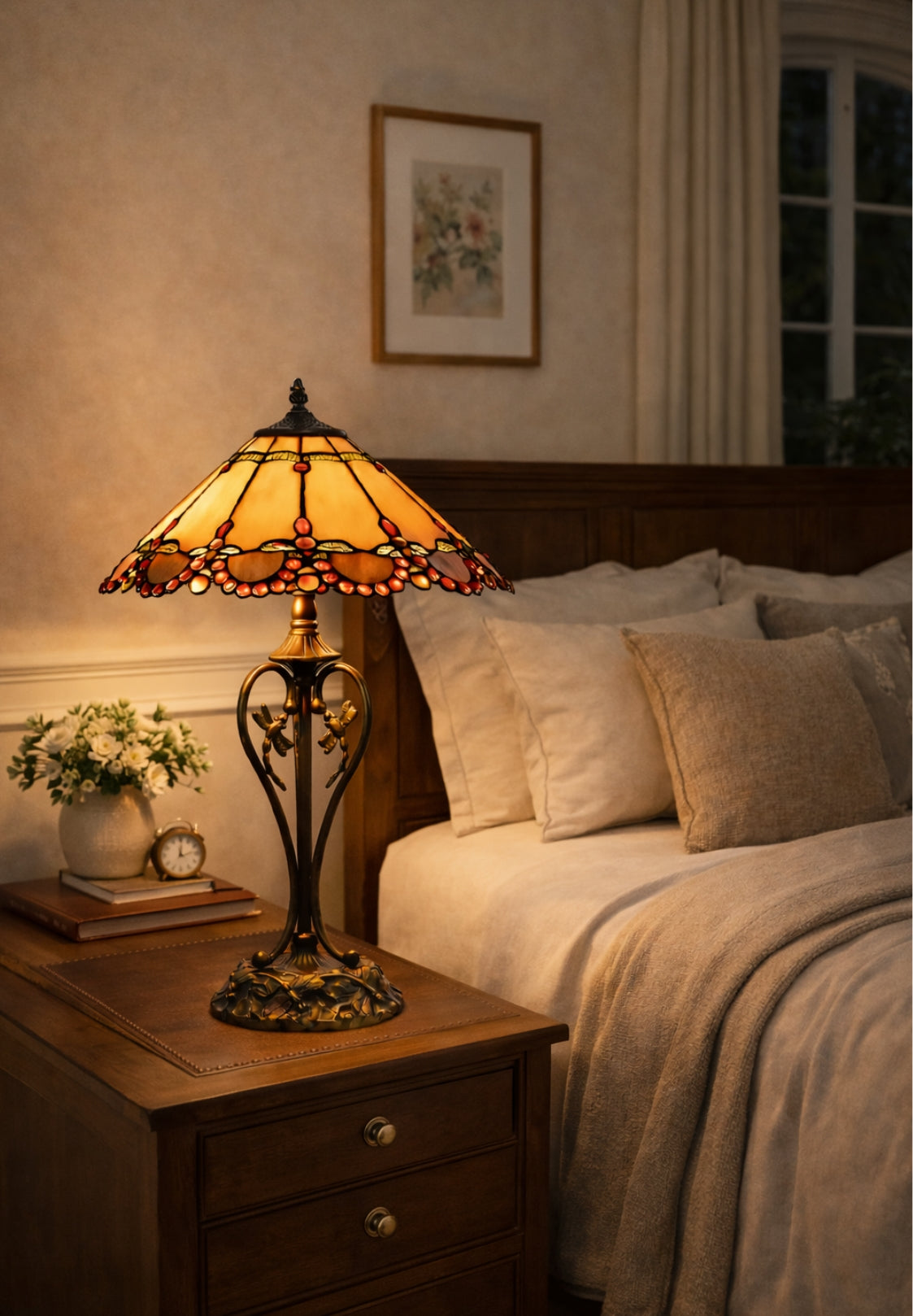 16" Handcrafted Tiffany-style stained glass Table Lamp with with red jewel accents