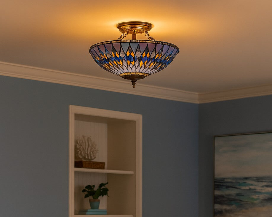 Large 16 inches Blue Tiffany Geometric Semi Flush Mount Ceiling Lights