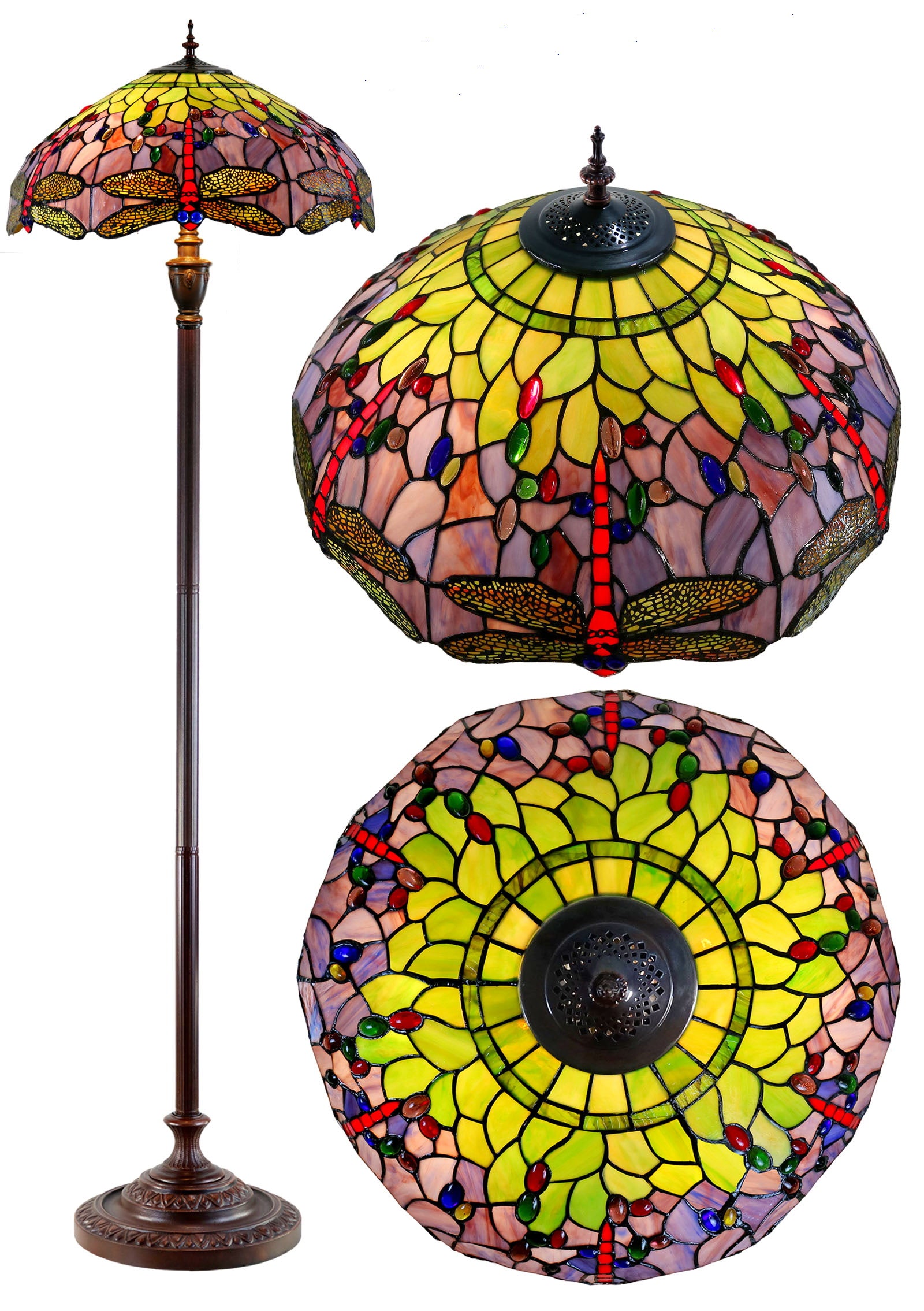 Limited Edition Grand 20" Green Purple Dragonfly Style Leadlight Tiffany Floor Lamp