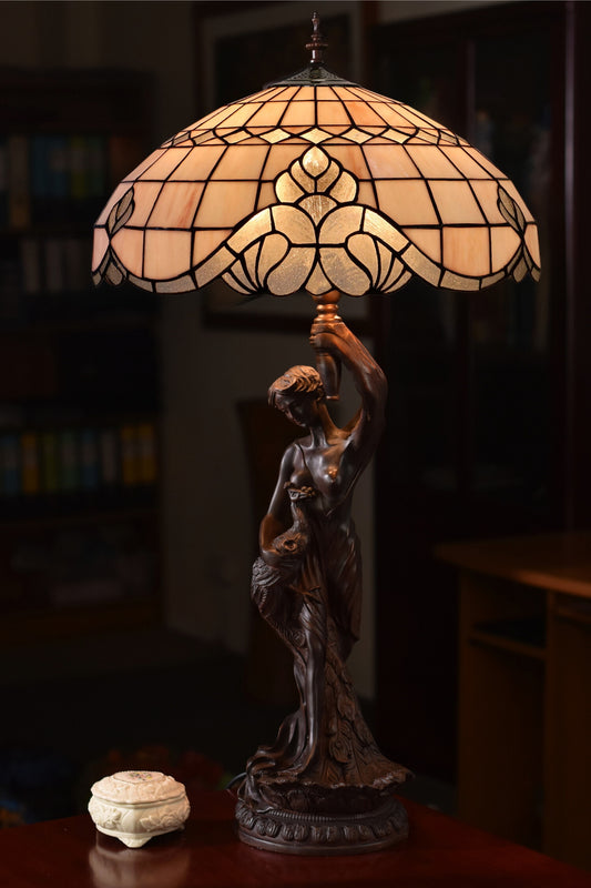 Huge 20" Vienna Baroque Stained Glass Tiffany Table Lamp with Lady peacock Base