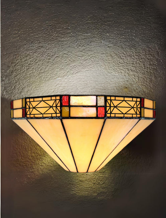 Ivory white  Mission Stained Glass Tiffany Wall Light  with  Double Intricate Filigree Accent