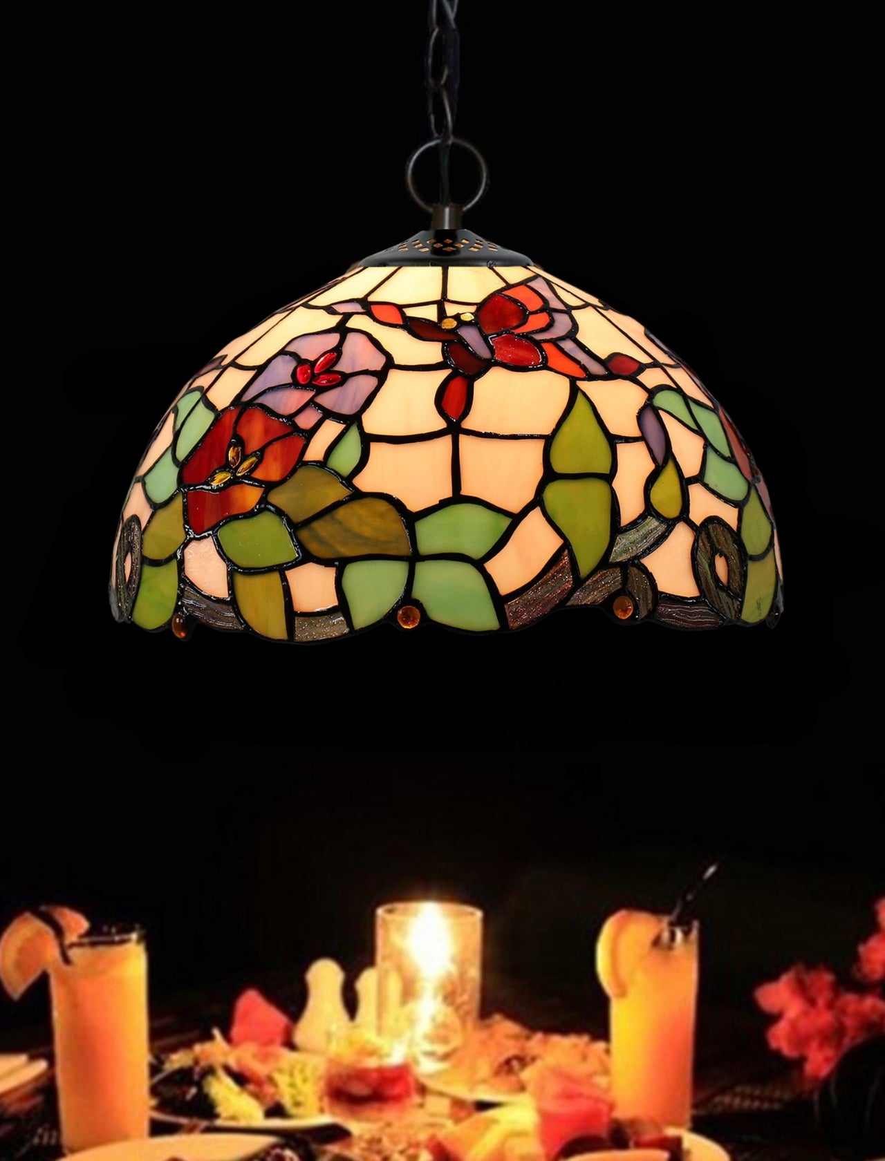 12" Butterfly Flower Stained Glass Tiffany Pendant Light