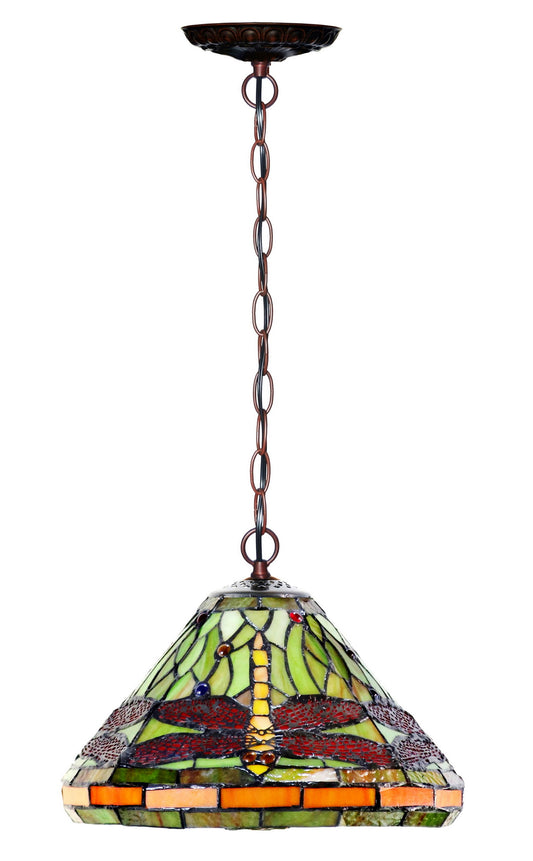 12" Traditional Green Red Dragonfly Style Tiffany Pendant Light