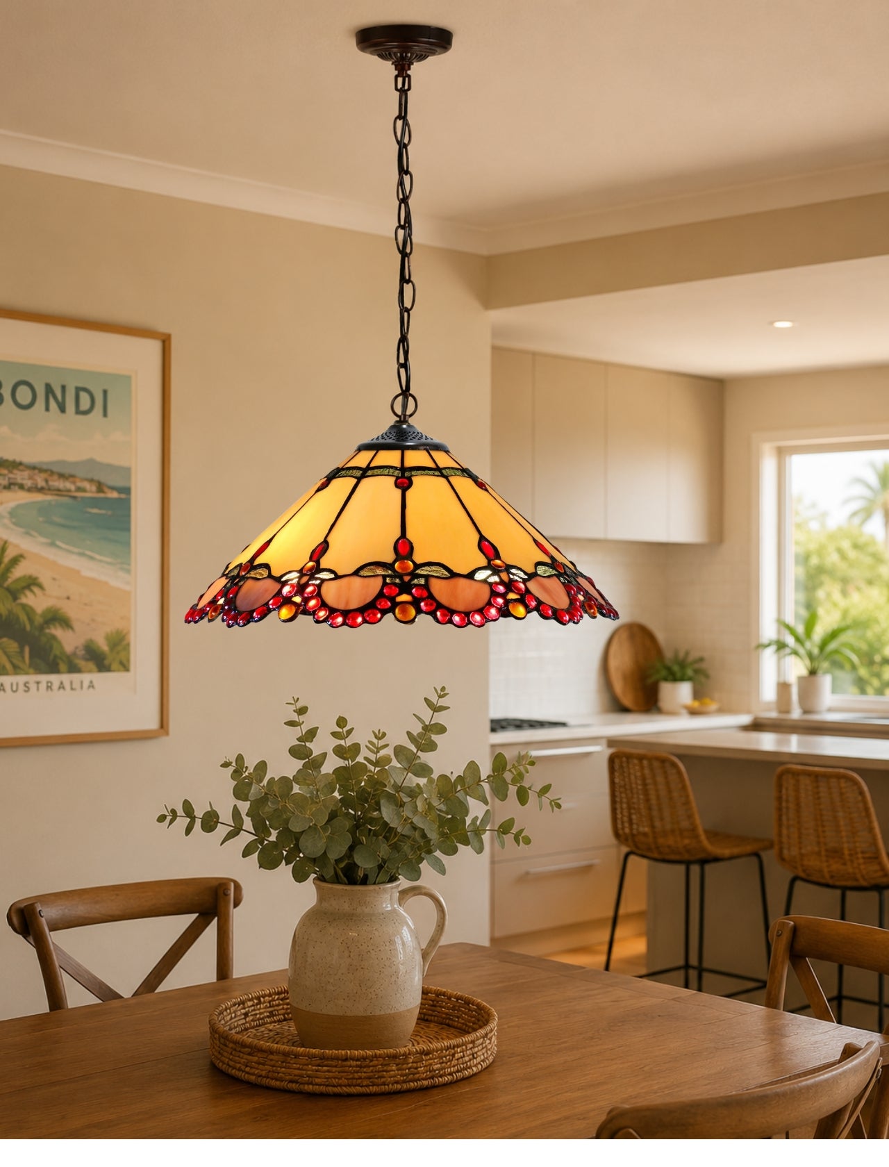 16" Tiffany Amber Stained Glass Pendant Light with ruby-red jewel accents