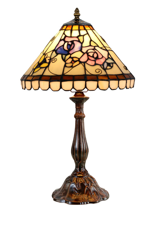 12" Tiffany Style Pink Rose Stained Glass Table Bedside Lamp