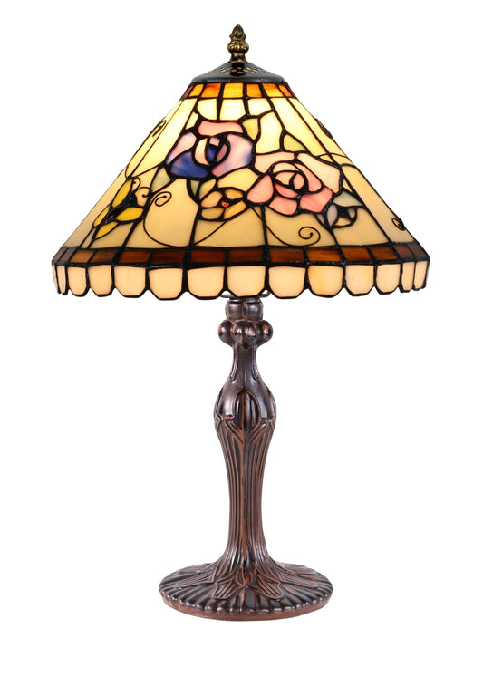 12" Tiffany Pink Rose Stained Glass Table Lamp with Fluted Art Nouveau Base