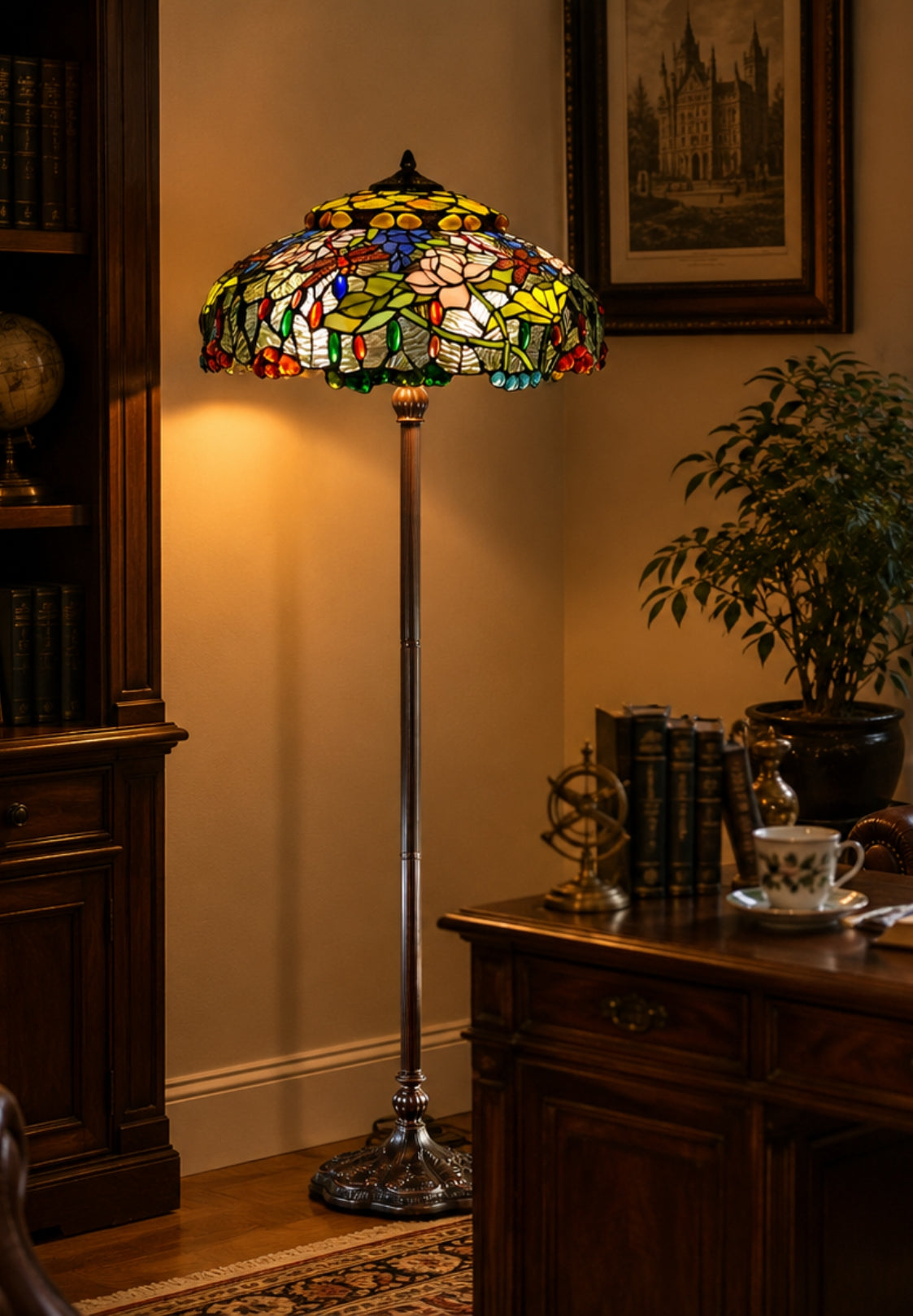 Joanne Tiffany 20" Dragonfly & Lotus Stained Glass Tiffany Floor Lamp