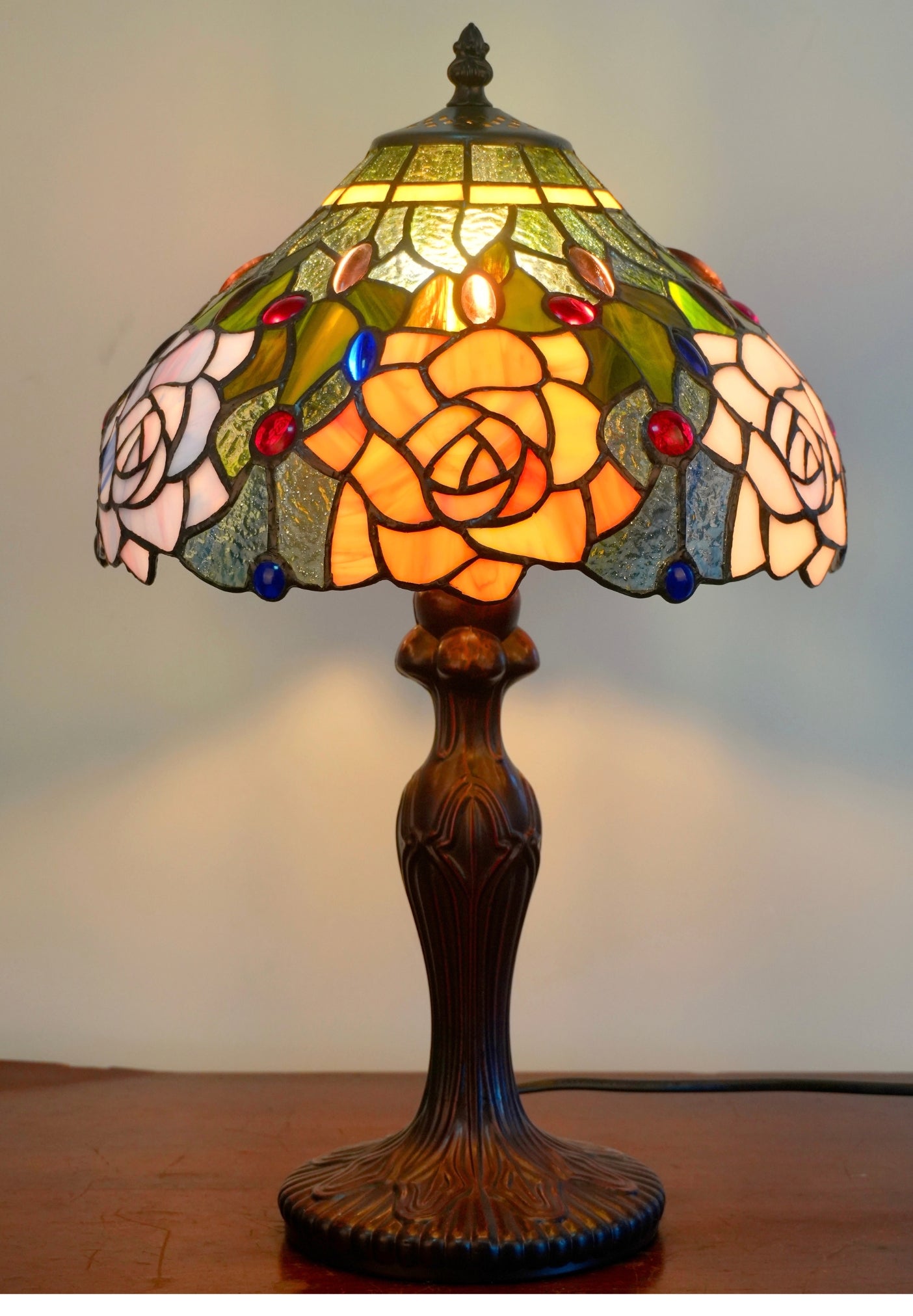 12" Amber Rose Stained Glass Tiffany Bedside Lamp