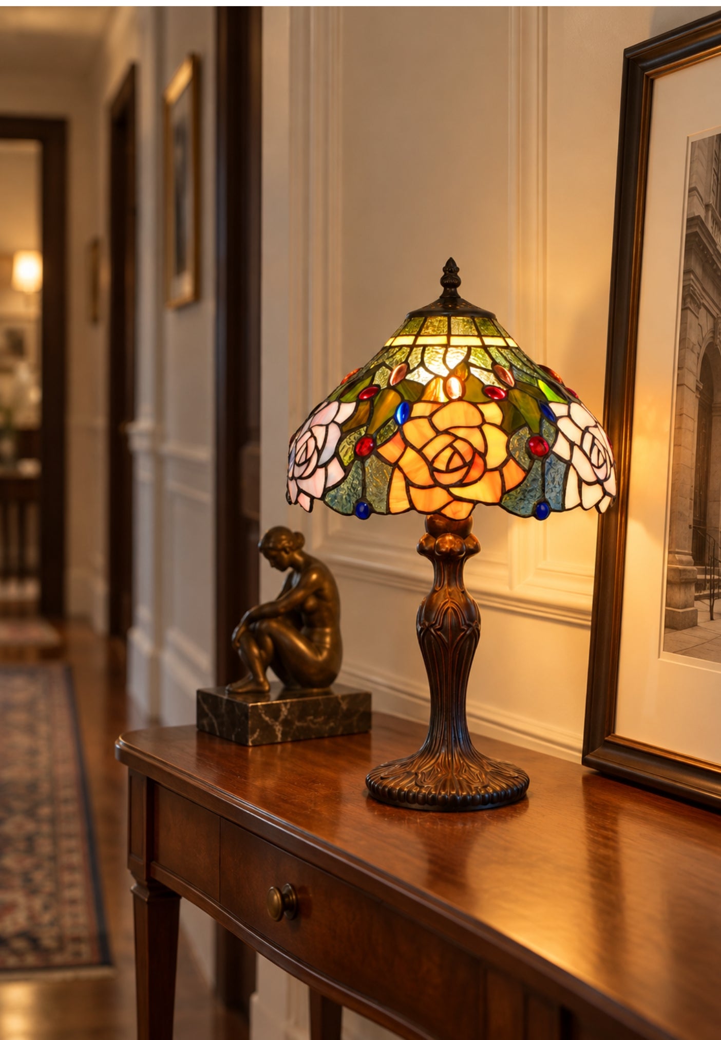 12" Amber Rose Stained Glass Tiffany Bedside Lamp