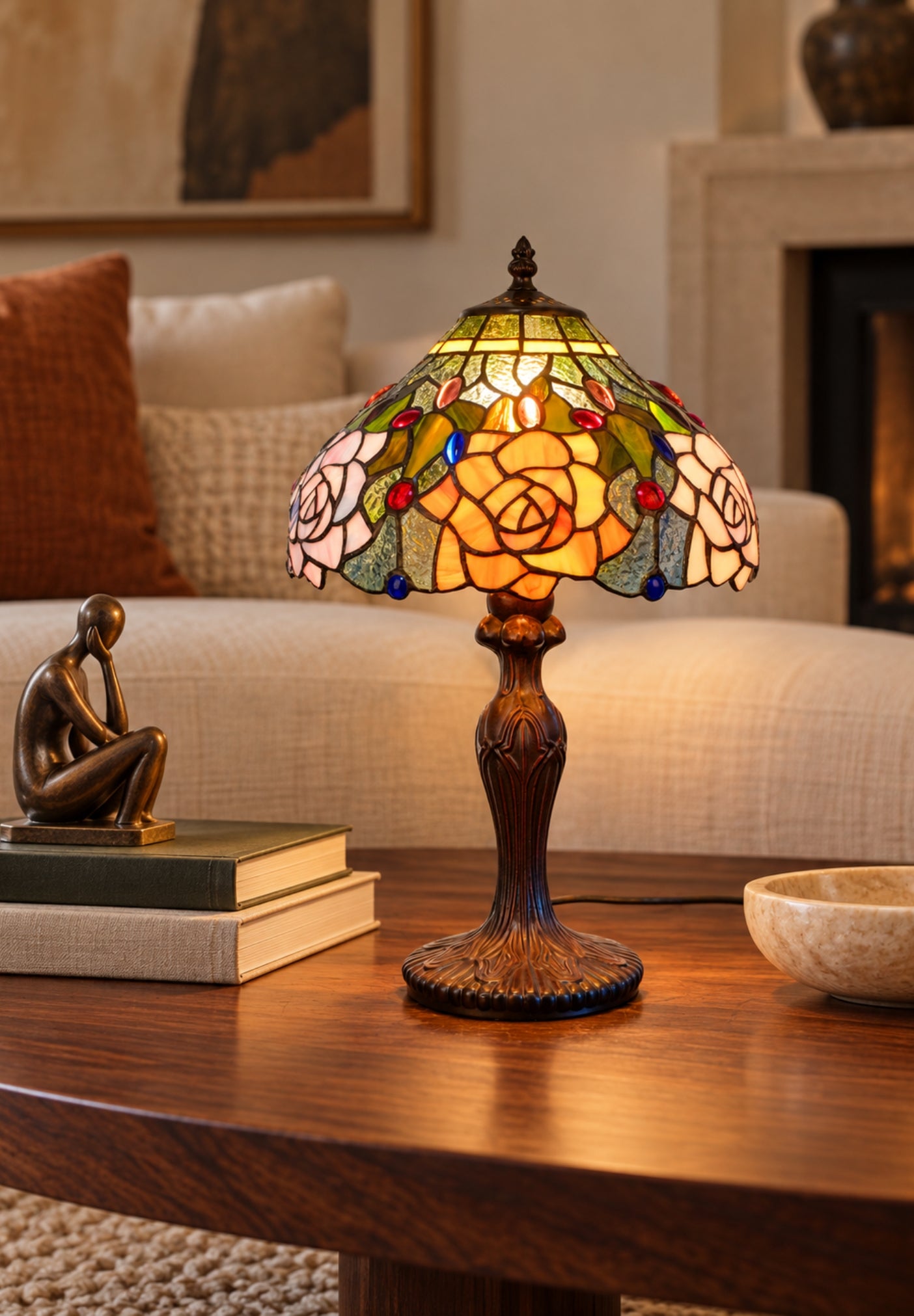 12" Amber Rose Stained Glass Tiffany Bedside Lamp