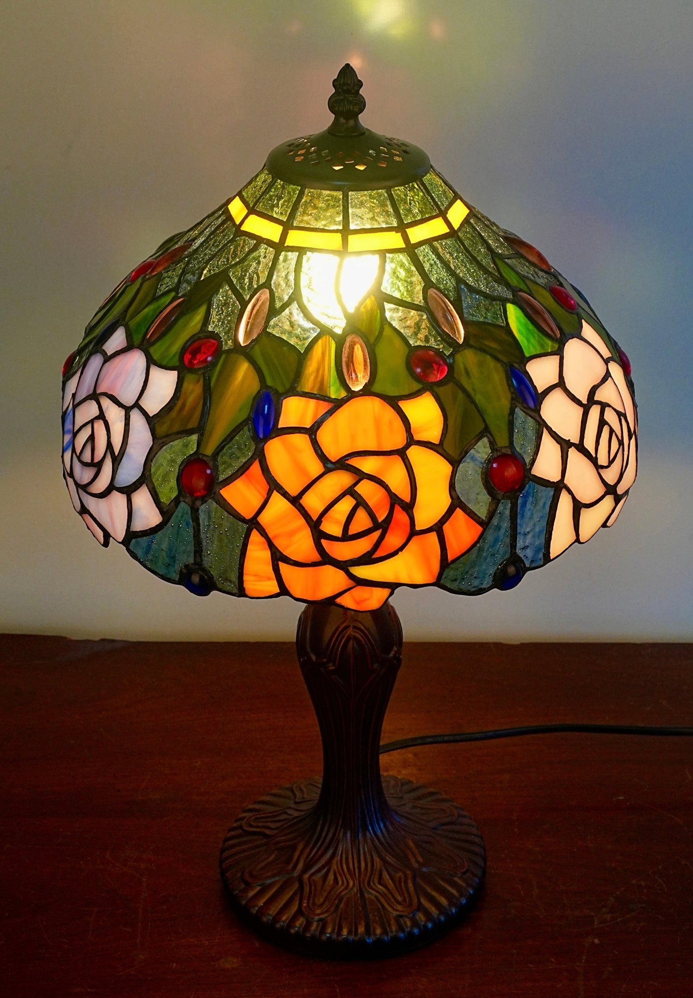 12" Amber Rose Stained Glass Tiffany Bedside Lamp