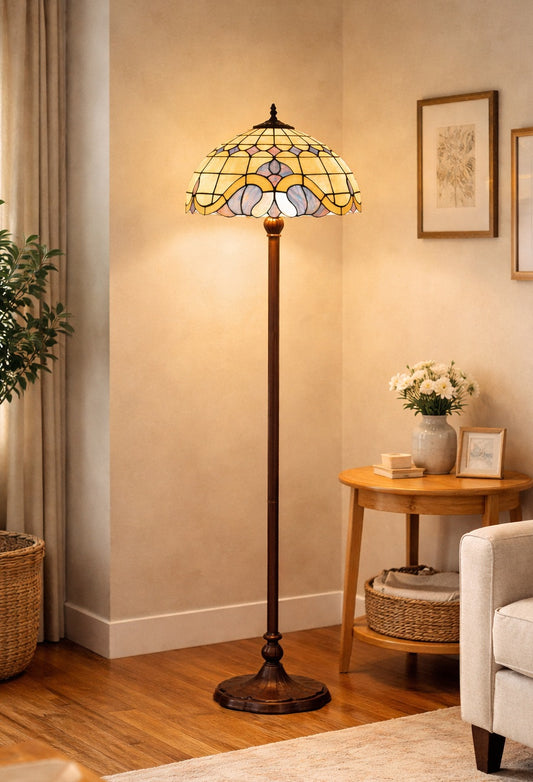 Large 16" Blue Baroque Style Stained Glass Tiffany Floor Lamp