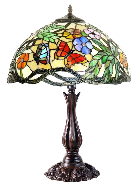 Large 16" Butterfly Flower Stained Glass Tiffany Table Lamp