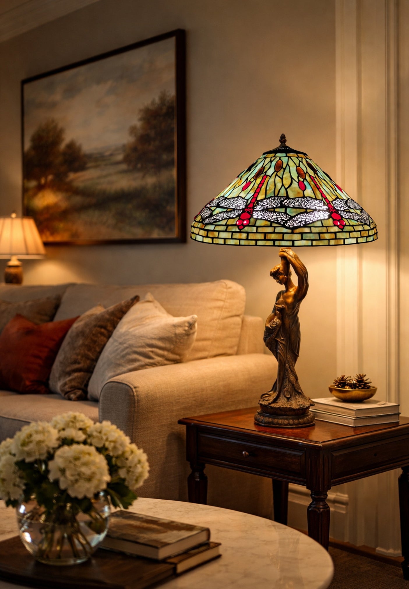 Huge 20" Tiffany Style Dragonfly Table Lamp – Art Nouveau Lady Sculpture Base