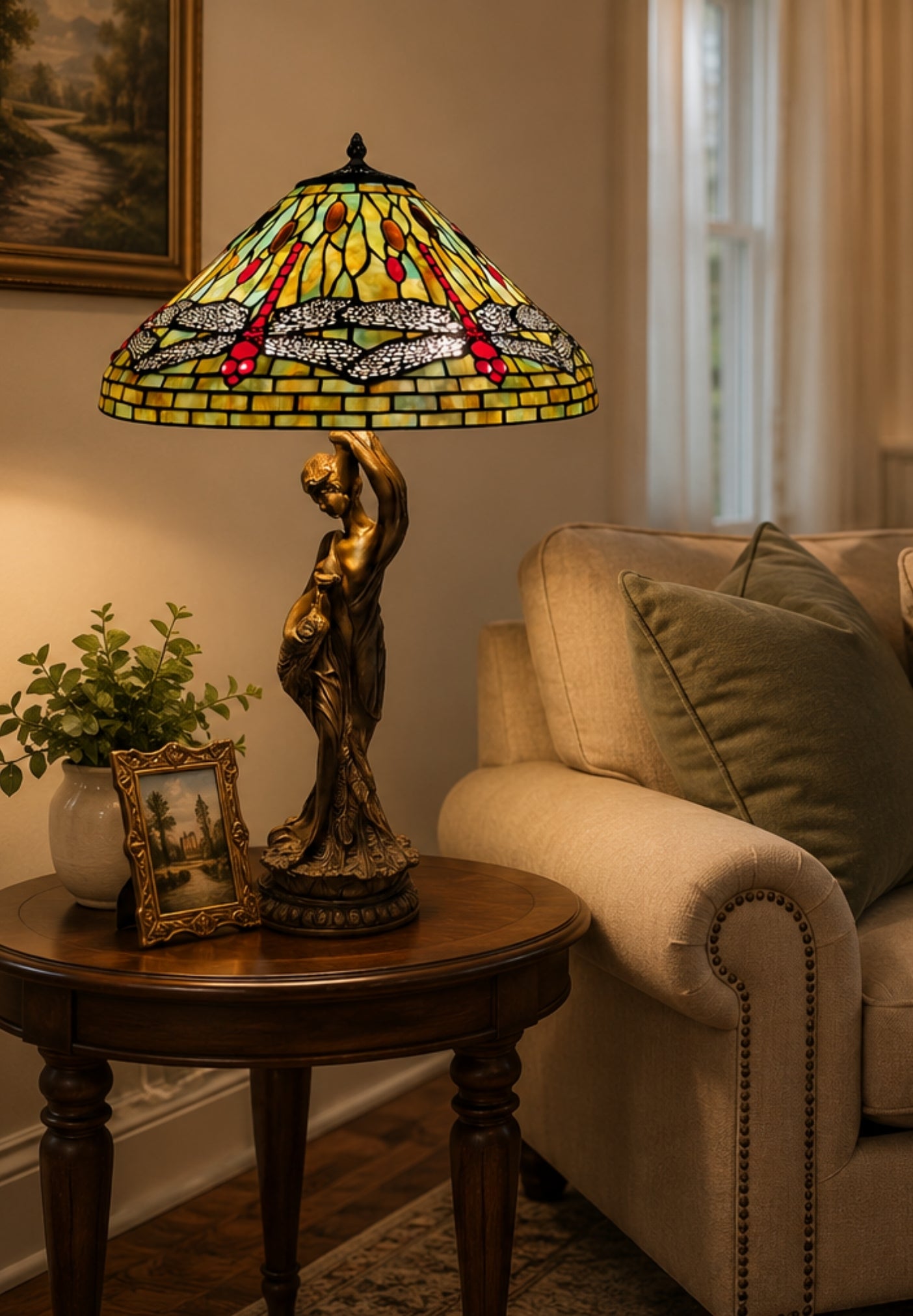 Huge 20" Tiffany Style Dragonfly Table Lamp – Art Nouveau Lady Sculpture Base