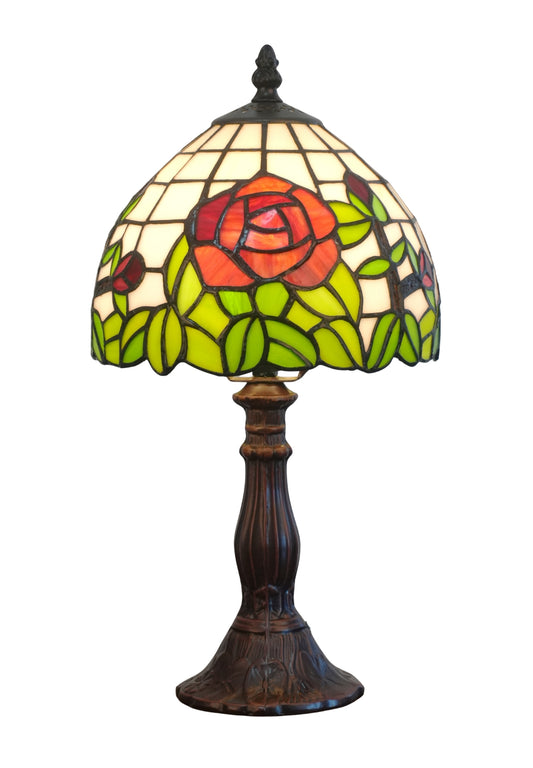 Elegant  8" Red Rose Style Tiffany Mini Table Lamp