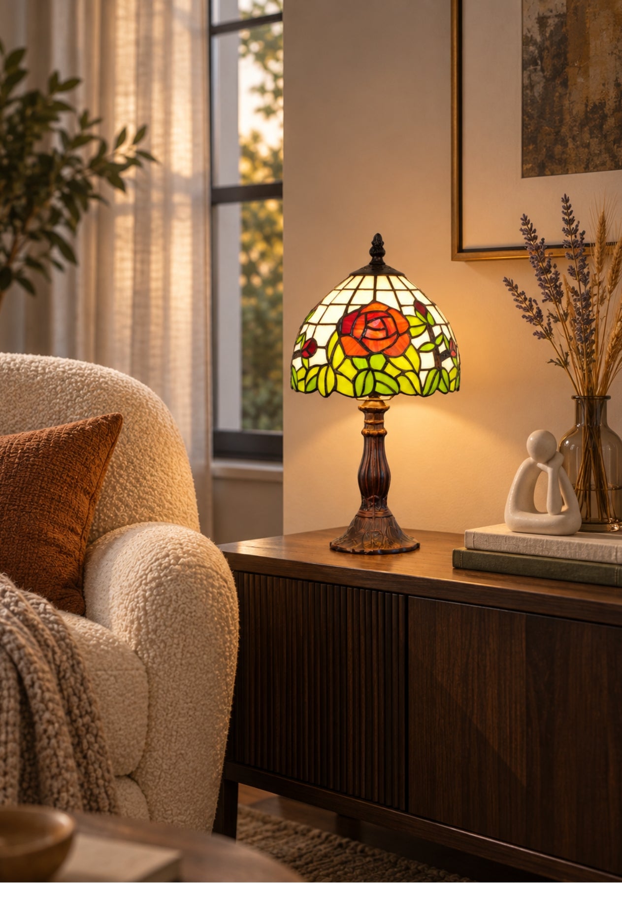 Elegant  8" Red Rose Style Tiffany Mini Table Lamp