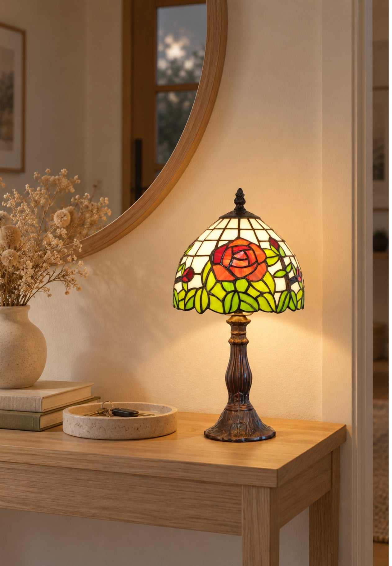 Elegant  8" Red Rose Style Tiffany Mini Table Lamp