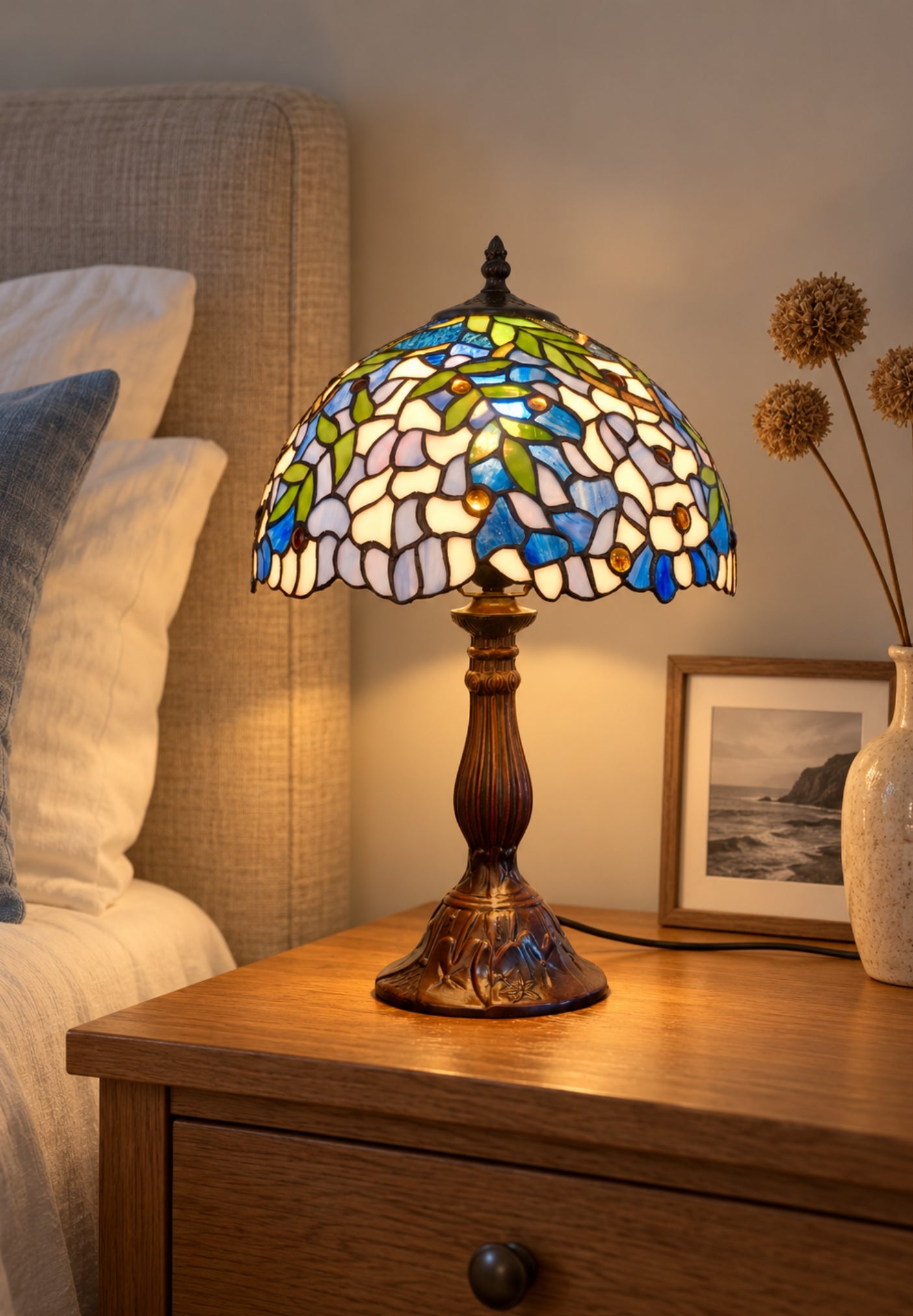12" Blue Wisteria Tiffany Style Bedside Lamp