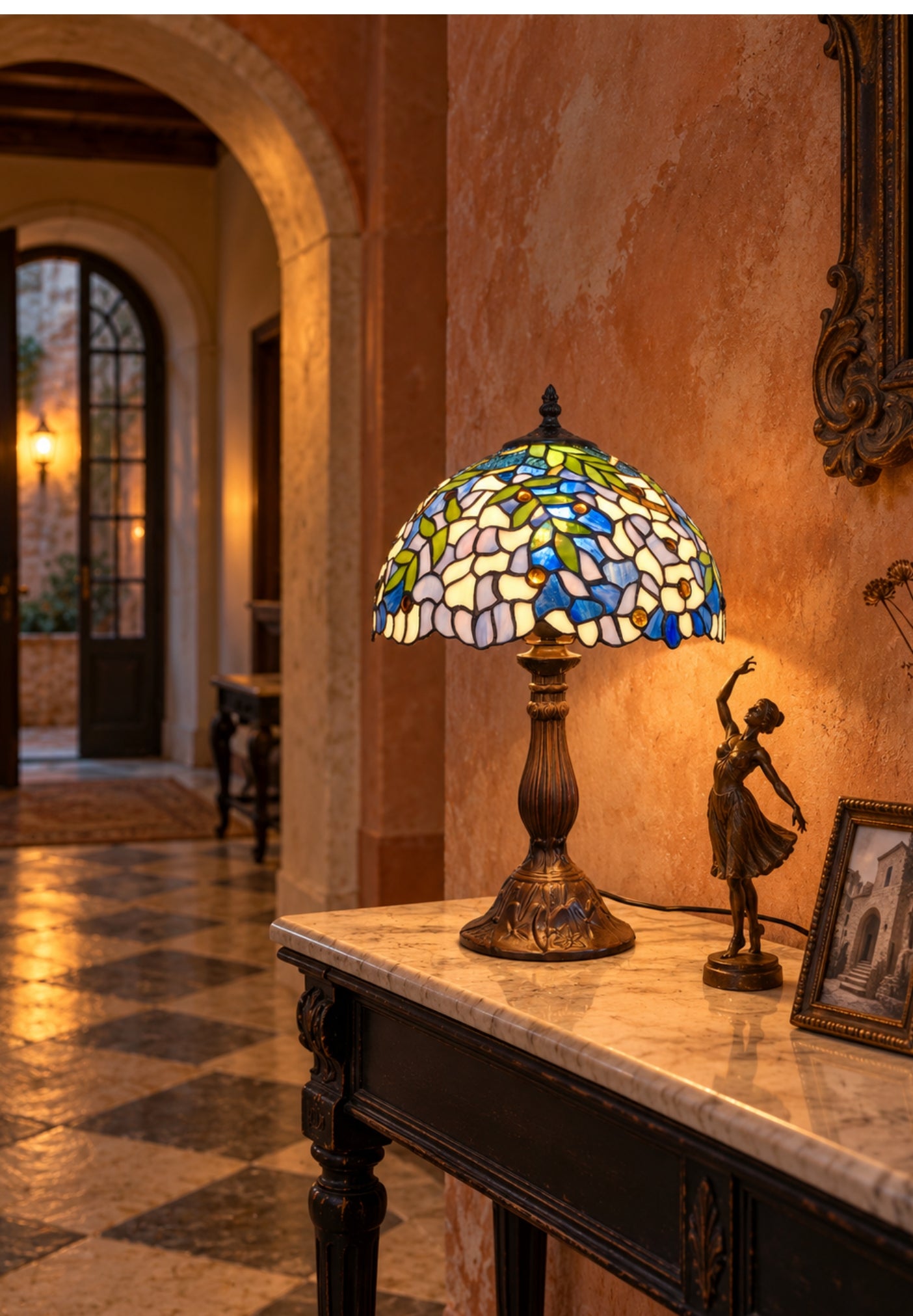 12" Blue Wisteria Tiffany Style Bedside Lamp