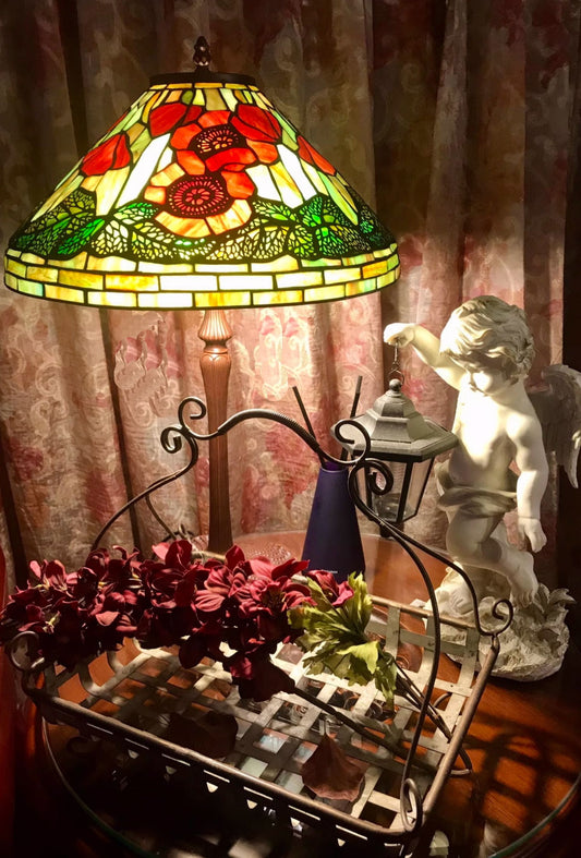 Legend Collection@Large 16" Poppy Flower Stained Glass Tiffany Table Lamp