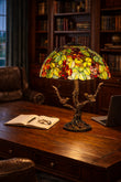 Large 16" Tiffany Style Grape Table Lamp with Bird Tree Base