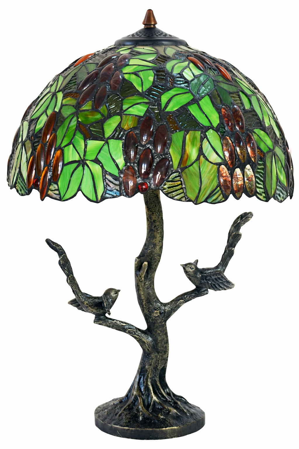 Large 16" Tiffany Style Grape Table Lamp with Bird Tree Base