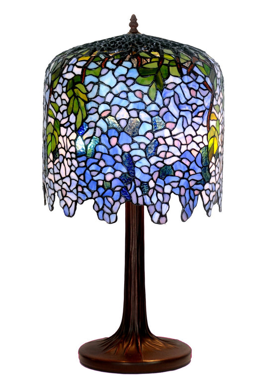 Limited Edition@Blue Wisteria Tiffany Stained Glass Table Lamp with Trunk Base