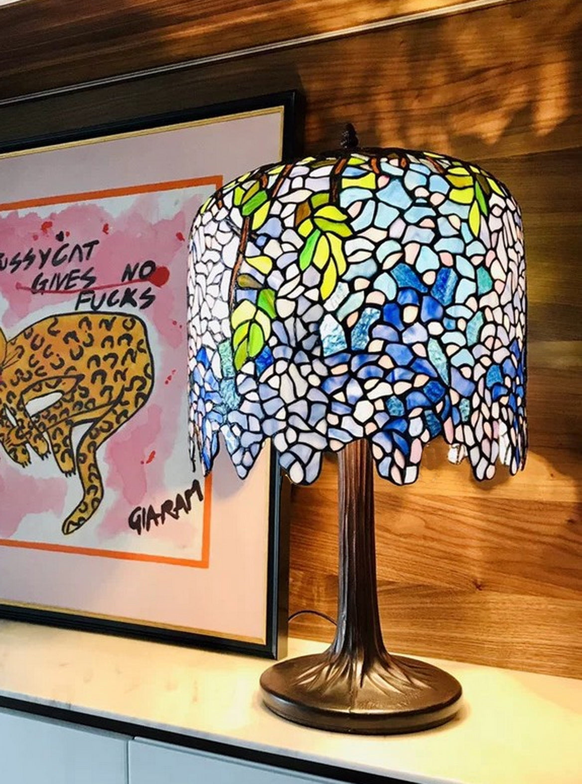 Limited Edition@Blue Wisteria Tiffany Stained Glass Table Lamp with Trunk Base